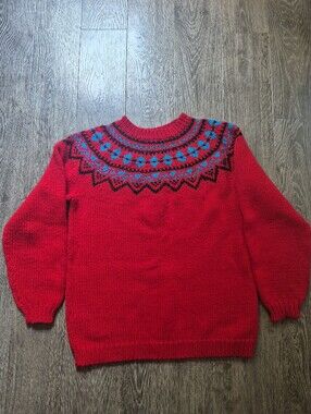Handknit Fisherman Aran Knit Sweater Red Black Blue Large